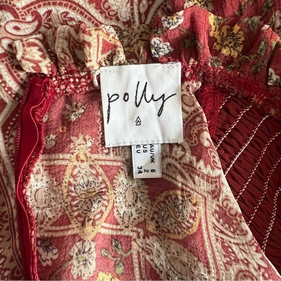 Polly Burgundy Patterned Ruffle Neck Long Sleeve Fit & Flare Dress - Picture 11 of 12